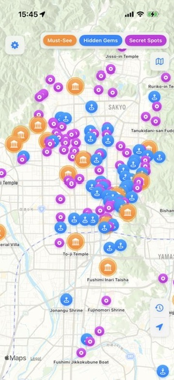 Discover Kyoto map screen showing temple and shrine locations